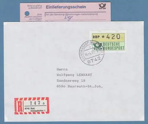 NAGLER-ATM Mi.-Nr. 1.2 Wert 420 auf Doppel-R-Brief, FDC Bad Königshofen 14.4.92