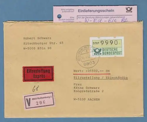 NAGLER-ATM Mi.-Nr. 1.2 Höchstwert 9990 auf Eil-Wertbrief, FDC Rothenburg 14.4.92