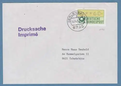 NAGLER-ATM GRÜNLICHOLIV Mi.-Nr 1.2 iu Wertstufe 60Pfg EF auf FDC OERLENBACH