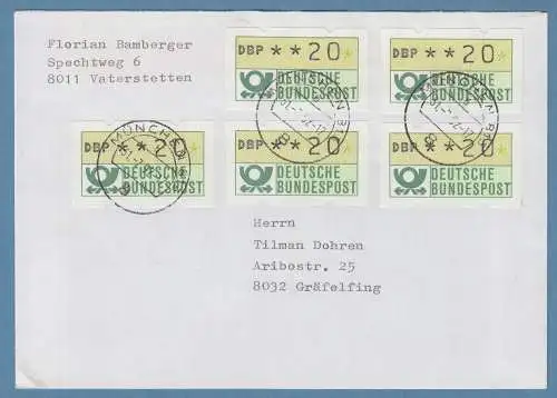 NAGLER-ATM Mi-Nr. 1.2 Wert 20Pfg 5x als MEF auf Brief O MÜNCHEN 813 vom 31.7.92