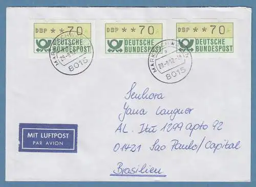 NAGLER-ATM Mi-Nr.1.2 Wert 70 3x als MEF auf Lp-Brief n. Brasilien 28.8.92