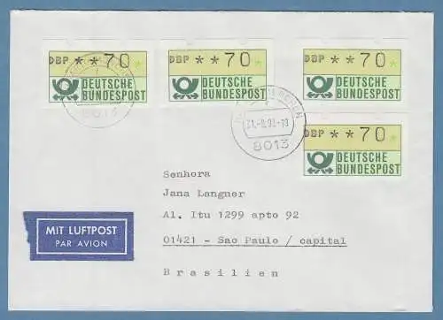 NAGLER-ATM Mi-Nr.1.2 Wert 70 4x als MEF auf Lp-Brief n. Brasilien O HAAR 31.8.92