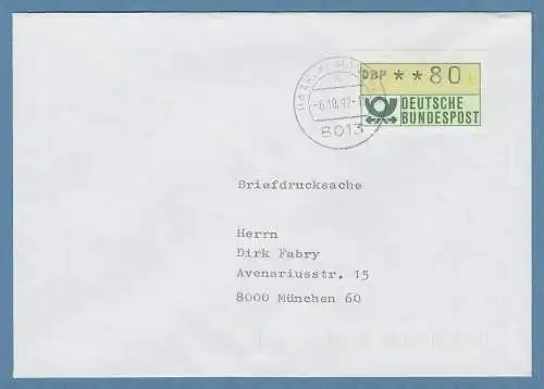 NAGLER-ATM Mi-Nr. 1.2 Wert 80Pfg EF auf Briefdrucksache O HAAR 6.10.92