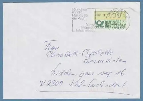 NAGLER-ATM Mi-Nr. 1.2 Wert 100Pfg auf Brief von MÜNCHEN nach KIEL, 29.3.93