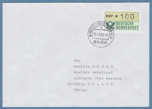 NAGLER-ATM Mi-Nr. 1.2 Wert 100Pfg auf Auslandsbrief in die Türkei 15.3.93