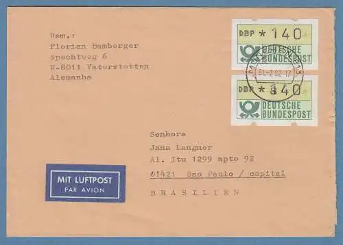 NAGLER-ATM Mi-Nr 1.2 Wert 140Pfg MEF auf Lp-Brief n. Brasilien, O MÜNCHEN 813 