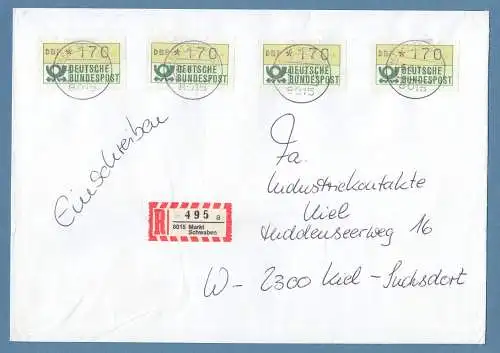 NAGLER-ATM Mi-Nr 1.2  zu 170Pfg 4x als MEF auf R-Brief ab MARKT SCHWABEN 5.3.93