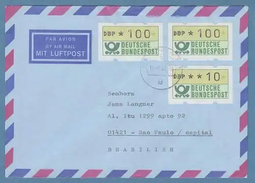 NAGLER-ATM Mi-Nr. 1.2 Wert 100Pfg  3x auf Lp-Brief nach Brasilien O MÜNCHEN 813