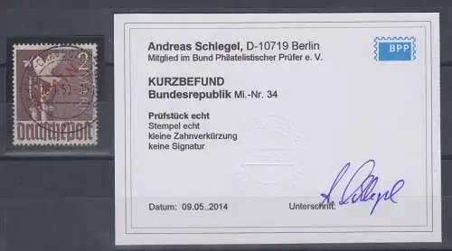 Berlin 1949 Rotaufdruck 2DM-Höchstwert Mi.-Nr. 34 schön gestempelt m. Befund BPP