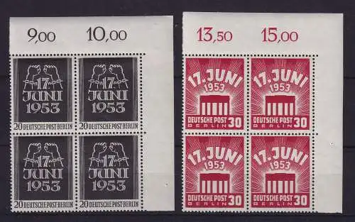 Berlin 1953 Volksaufstand 17. Juni  Mi.-Nr. 110-111 Eckrandviererblocks OR **