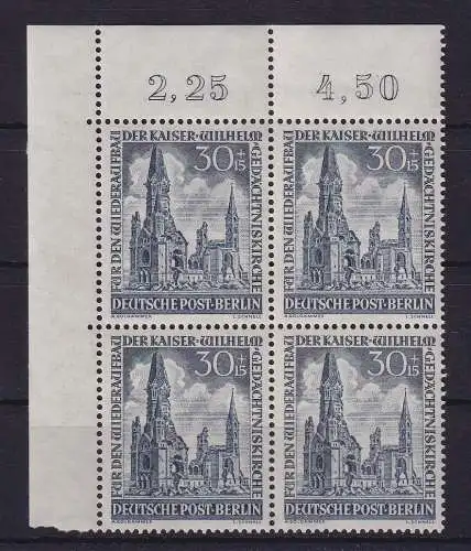 Berlin 1953 Gedächtniskirche 30+15 Pf Mi.-Nr. 109 Eckrandviererblock OL ** 