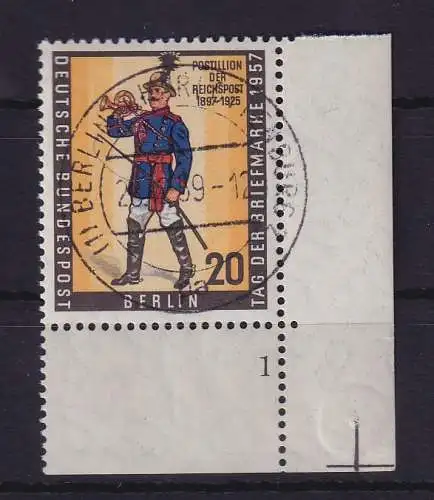 Berlin 1957 Tag der Briefmarke Mi.-Nr. 176 Eckrandstück UR mit Formnummer 1  O