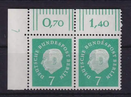 Berlin 1959 Heuss 7 Pf Mi.-Nr. 182 Eckrandpaar OL mit Druckerzeichen 7 **