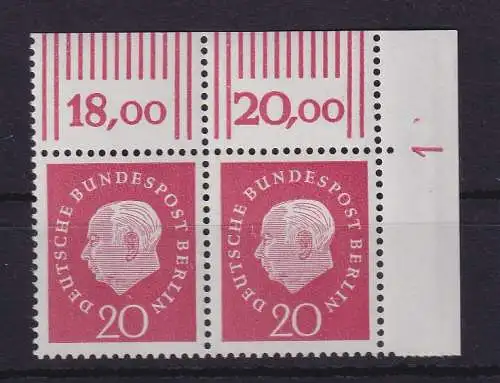 Berlin 1959 Heuss 20 Pf Mi.-Nr. 184 w Eckrandpaar OR mit Druckerzeichen 1 **