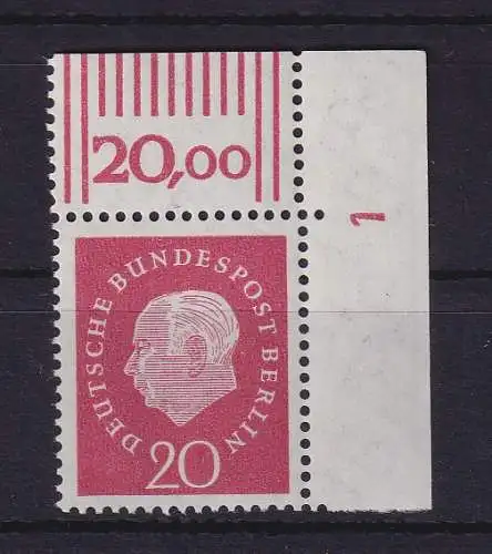 Berlin 1959 Heuss 20 Pf Mi.-Nr. 184 w Eckrandstück OR mit Druckerzeichen 1 **
