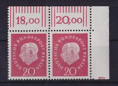 Berlin 1959 Heuss 20 Pf  Mi.-Nr. 184 w  Eckrandpaar OR mit Druckerzeichen 1 **