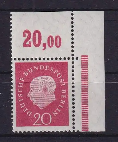 Berlin 1959 Heuss 20 Pf Mi.-Nr. 184 v Eckrandstück OR postfrisch **