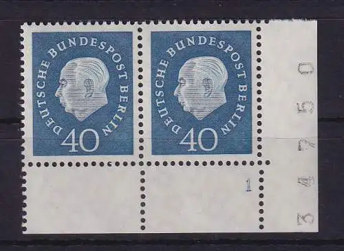 Berlin 1959 Heuss 40 Pf Mi.-Nr. 185 Eckrandpaar UR mit Formnummer 1 **