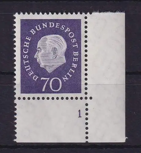 Berlin 1959 Heuss 70 Pf Mi.-Nr. 186 Eckrandstück UR mit Formnummer 1 **