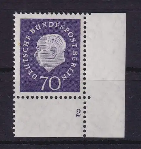 Berlin 1959 Heuss 70 Pf Mi.-Nr. 186 Eckrandstück UR mit Formnummer 2 **