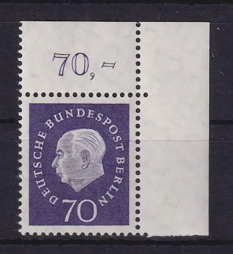 Berlin 1959 Heuss 70 Pf Mi.-Nr. 186 Eckrandstück OR postfrisch **