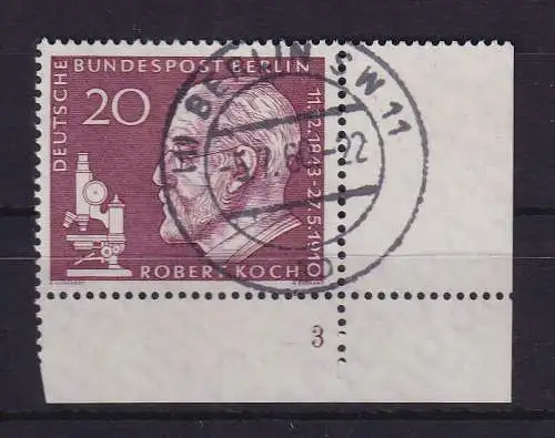 Berlin 1960 Robert Koch Mi-Nr. 191 Eckrandstück UR mit Formnummer 3 gestempelt 