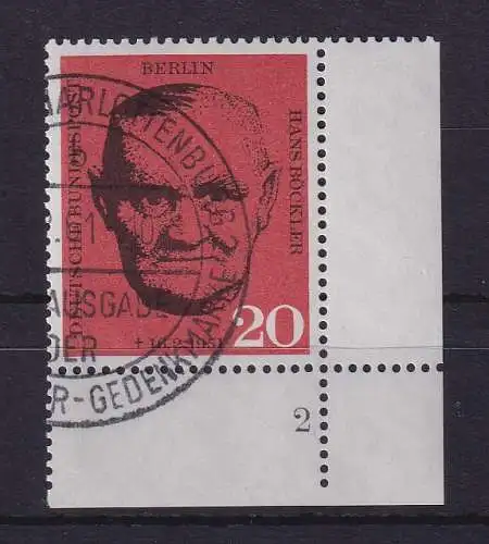 Berlin 1961 Hans Böckler Mi-Nr. 197 Eckrandstück mit Formnummer 2 Ersttags-So.-O