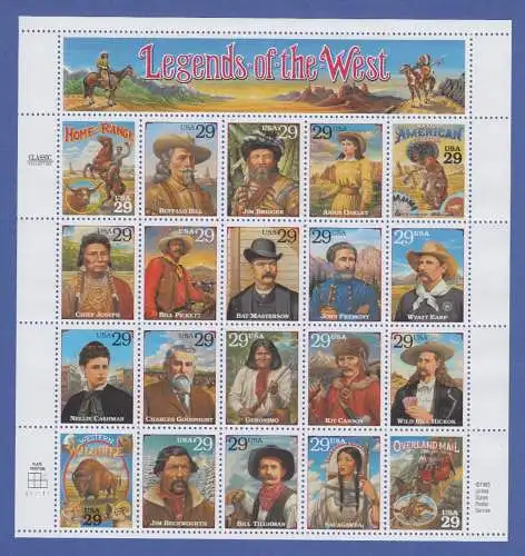 USA 1994 Legends of the West Mi.-Nr. 2506-2525 mit FEHLDRUCK I  ZD-Bogen  **