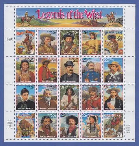 USA 1994 Legends of the West, Mi.-Nr. 2506-2525 ZD-Bogen mit 20 Werten **