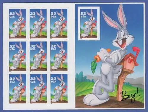 USA 1997 Comicfigur Bugs Bunny Folienblatt rechts mit Mi.-Nr. 2829 BA ** 