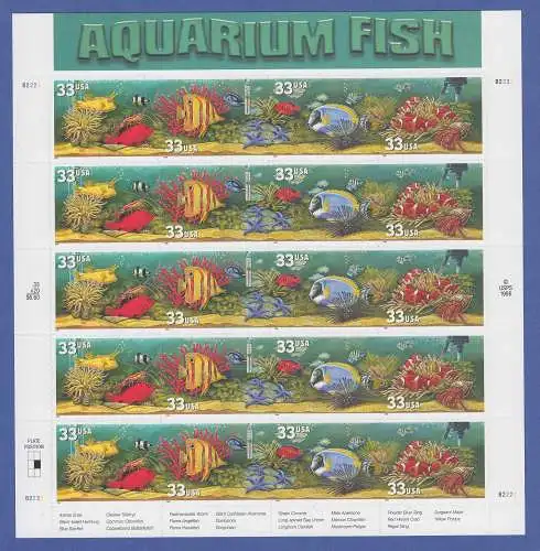 USA 1999 Aquarium Fische Mi.-Nr. 3140-3143  20 Werte im Folienbogen **   