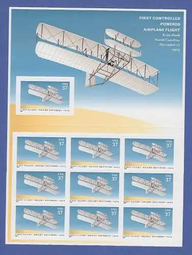 USA 2003 Motorflug Gebrüder Wright Mi.-Nr 3743 Folienblatt mit 10 Marken ** 