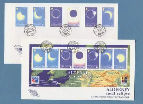 Guernsey-ALDERNEY 1999 Sonnenfinsternis / Solar eclipse Satz und Block auf FDC 