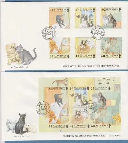 Guernsey-ALDERNEY 1996 spielende Hauskatzen Mi.-Nr. 94-99 Satz u. Block auf FDC 
