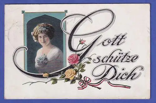 Bildpostkarte 1. Weltkrieg Gott schütze Dich gelaufen als Feldpost 1916