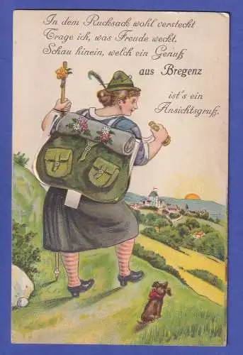 AK Gruß aus Brezenz mit Leporello im Rucksack der Wanderin 1925