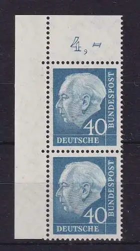 Bundesrepublik 1960 Theodor Heuss 40 Pf Mi.-Nr. 260 y senkr. Eckrandpaar OL** 