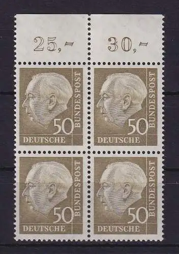 Bundesrepublik 1958 Theodor Heuss 50 Pf Mi.-Nr. 261 x w Oberrandviererblock ** 
