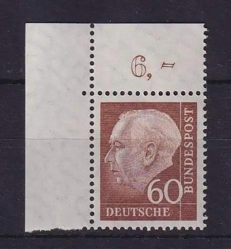 Bundesrepublik 1958 Theodor Heuss 60 Pf Mi.-Nr. 262 w Eckrandstück OL ** 