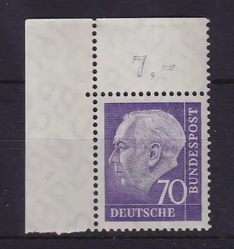 Bundesrepublik 1958 Theodor Heuss 70 Pf Mi.-Nr. 263 x w Eckrandstück OL ** 