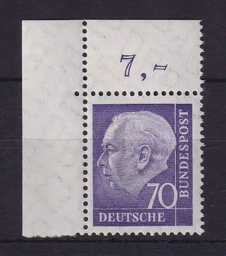 Bundesrepublik 1957 Theodor Heuss 70 Pf Mi.-Nr. 263 x v Eckrandstück OL ** 