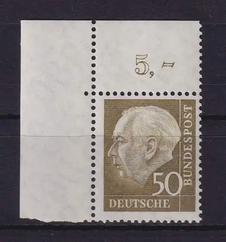 Bundesrepublik 1957 Theodor Heuss 50 Pf Mi.-Nr. 261 x v Eckrandstück OL ** 