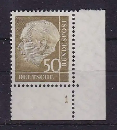 Bund 1958 Heuss 50 Pf Mi.-Nr. 261 w Eckrandstück UR mit Formnummer 1 ** 