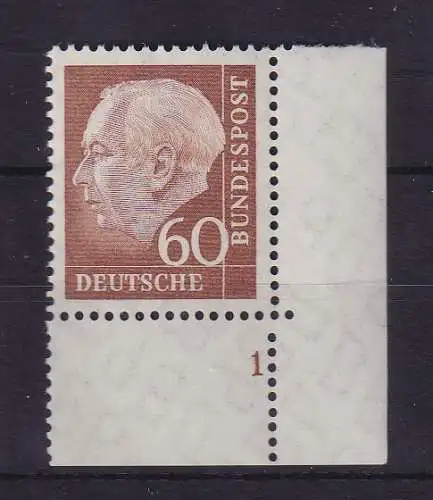 Bund 1958 Heuss 60 Pf Mi.-Nr. 262 w Eckrandstück UR mit Formnummer 1 ** 