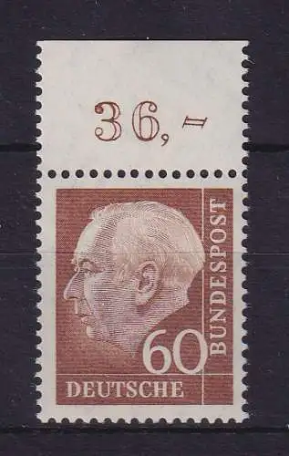 Bundesrepublik 1958 Theodor Heuss 60 Pf Mi.-Nr. 262 w Oberrandstück ** 