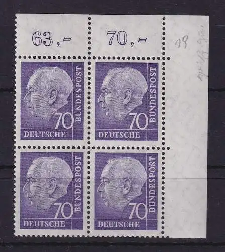 Bundesrepublik 1957 Heuss 70 Pf Mi.-Nr. 263 x v Eckrandviererblock OR ** 