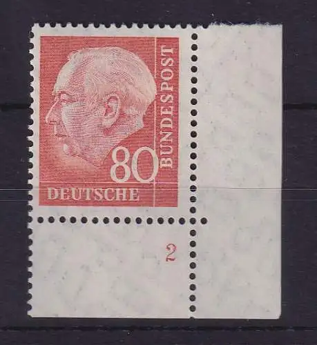 Bund 1958 Heuss 80 Pf Mi.-Nr. 264 x v Eckrandstück UR mit Formnummer 2 ** 