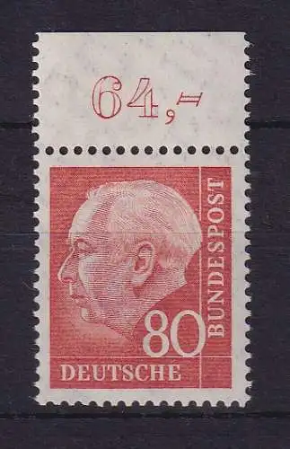 Bundesrepublik 1958 Theodor Heuss 80 Pf Mi.-Nr. 264 x w Oberrandstück ** 