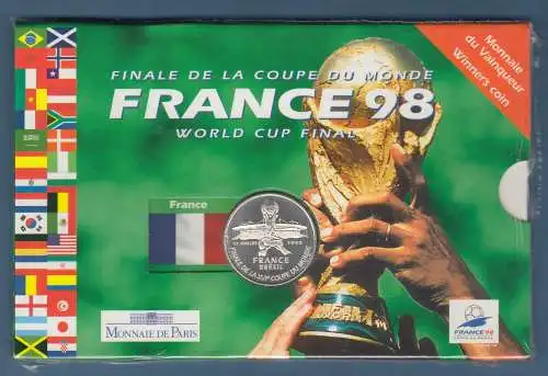 Frankreich 1998 Gewinn Fussball-WM Silber-Münze 5Fr. im Präsentations-Pack