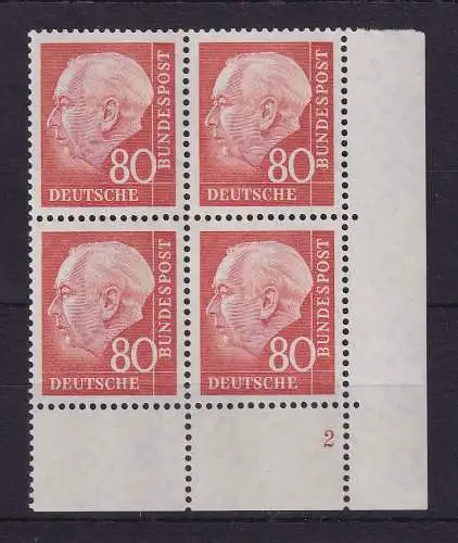 Bund 1958 Heuss 80 Pf Mi.-Nr. 264 x w Eckrandviererblock mit Formnummer 2 ** 